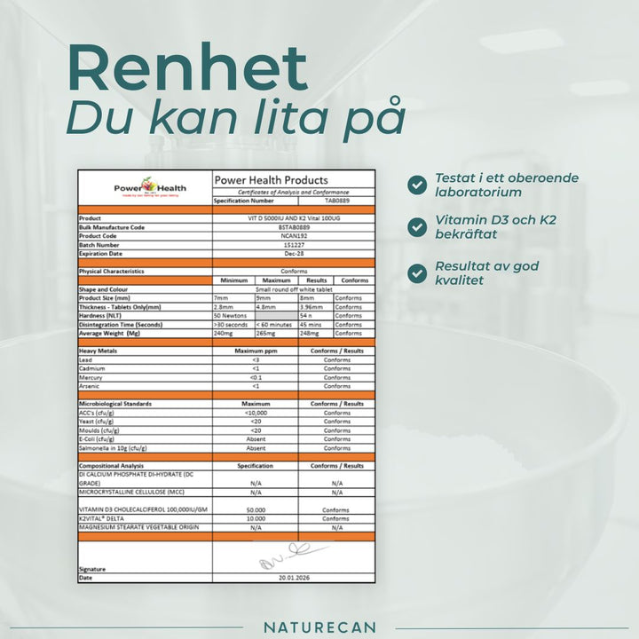 Vitamin D3/K2 kapslar renhet